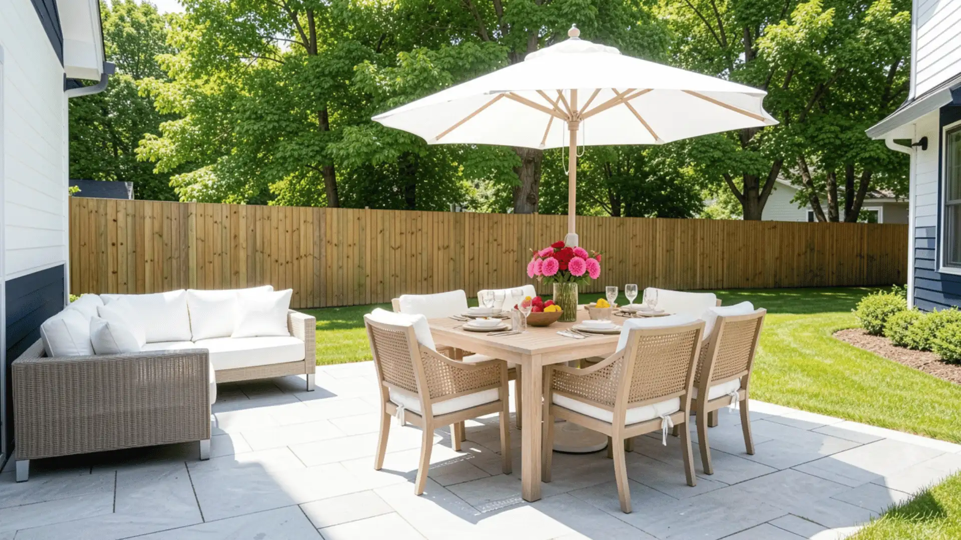 light surrounding the table are four chairs with woven backs and plush white cushions