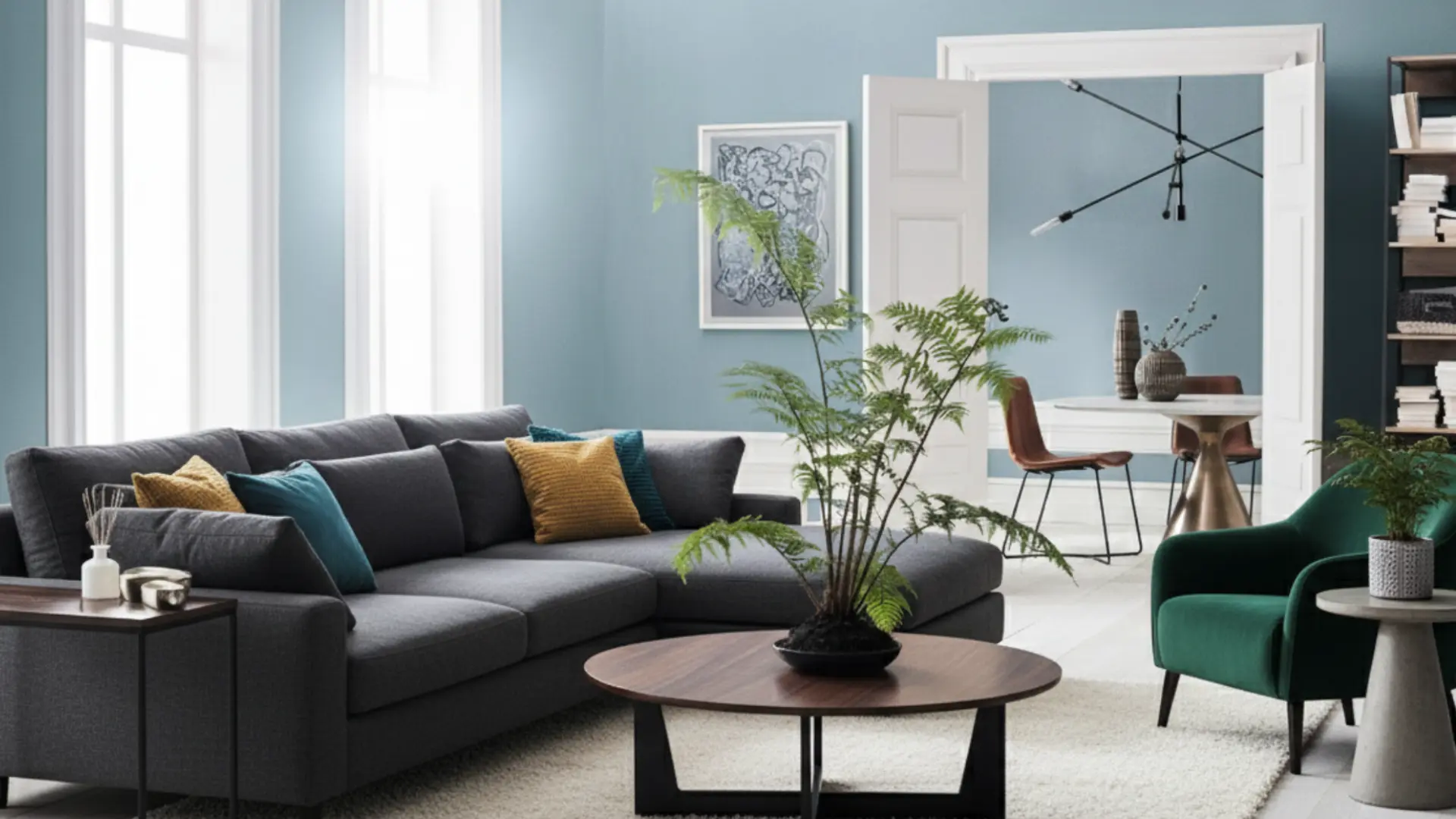 living room walls painted with debonair with charcoal sectional, round wood coffee table, and deep green accent chair