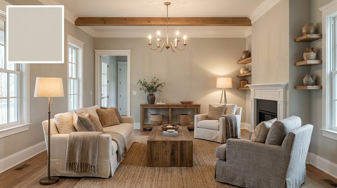 living room with agreeable gray walls neutral sofa wooden accents and pure white trim
