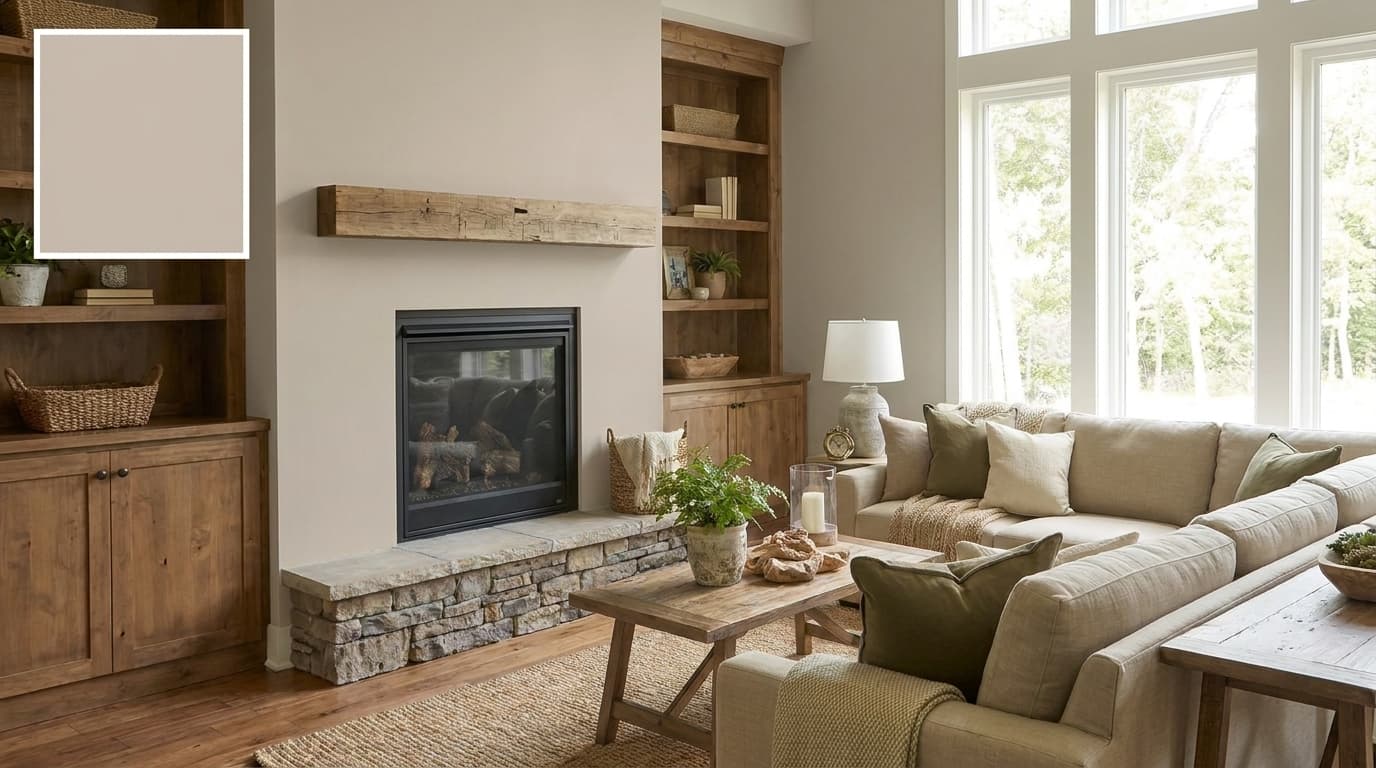 living room with amazing gray walls stone and wood accents and natural light enhancing the color