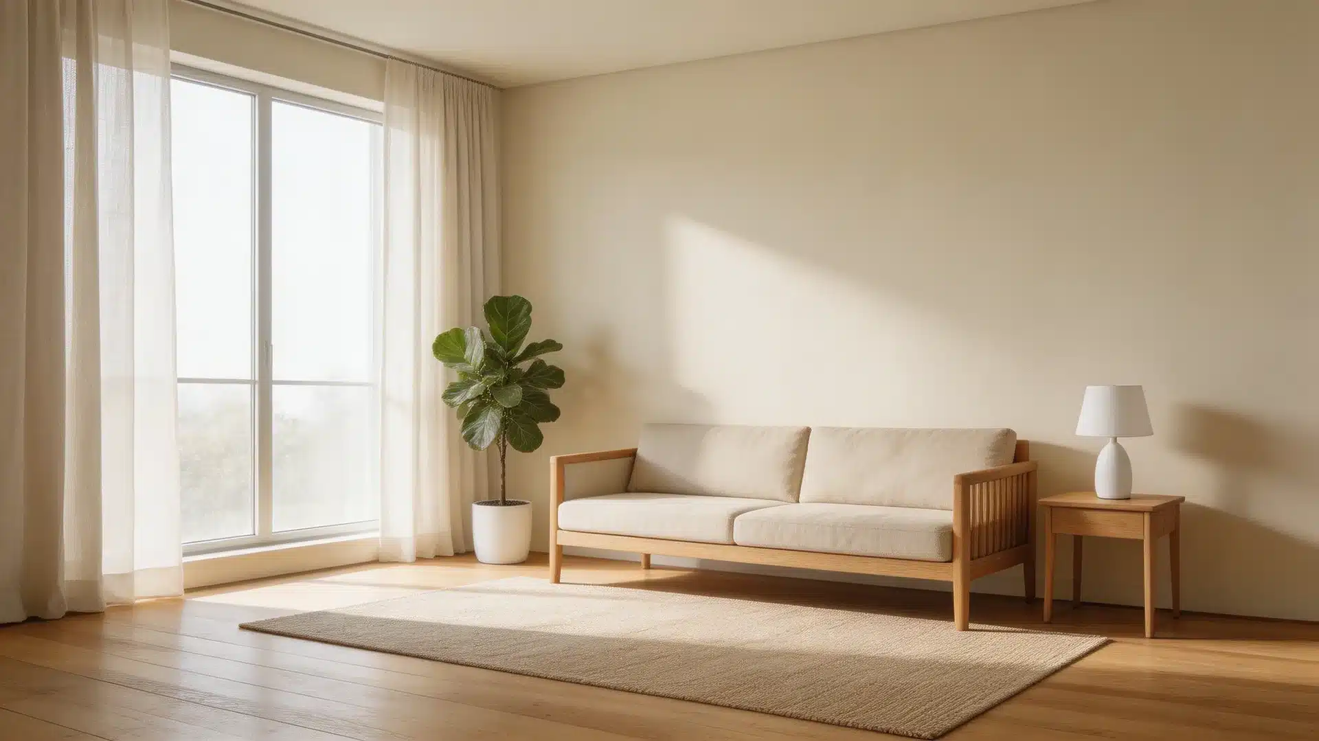 living room with beige sofa, side table, lamp, potted plant, sheer curtains, large window, rug, and soft sunlight inside