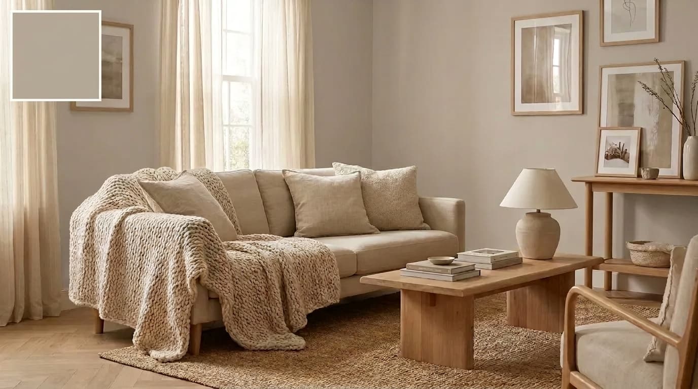 living room with mega greige walls warm yellow-brown undertones inviting cushions and decor