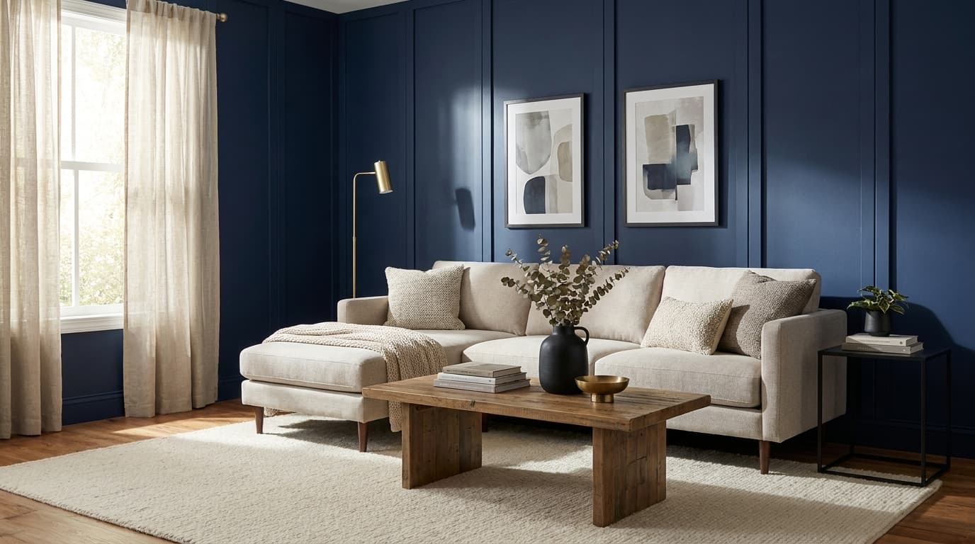 living room with navy blue walls and neutral furniture creating a bold yet balanced space