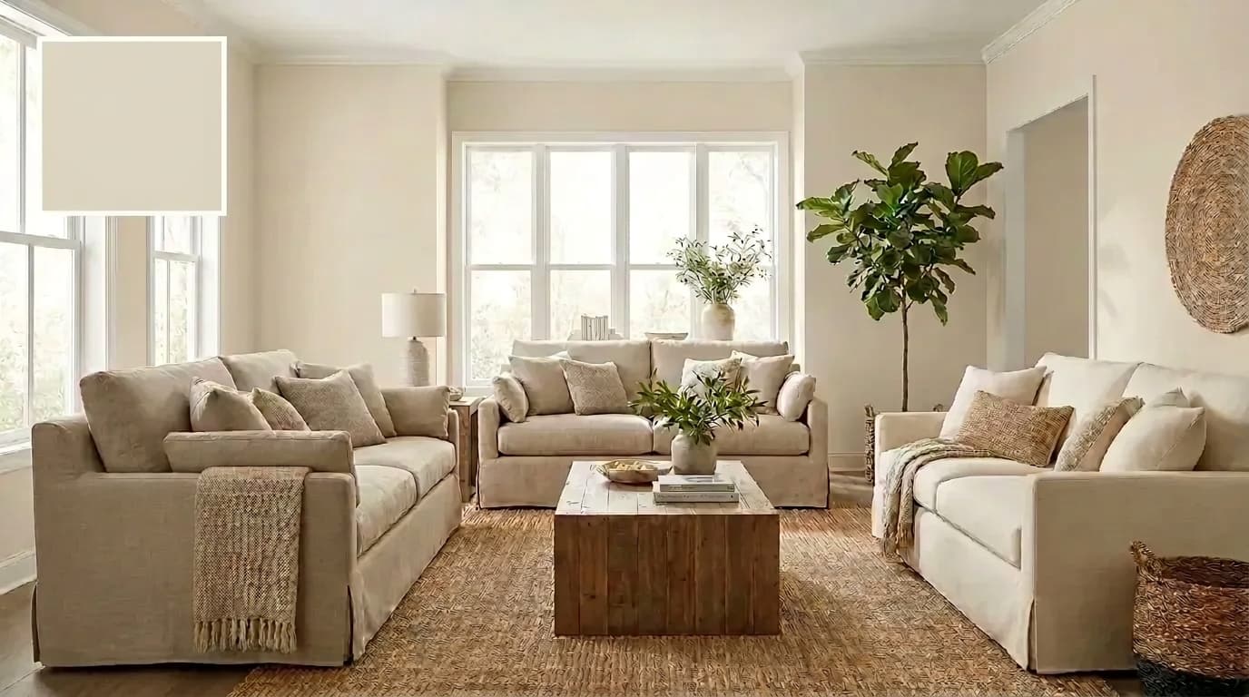 living room with neutral ground walls light furniture and soft natural light creating warmth