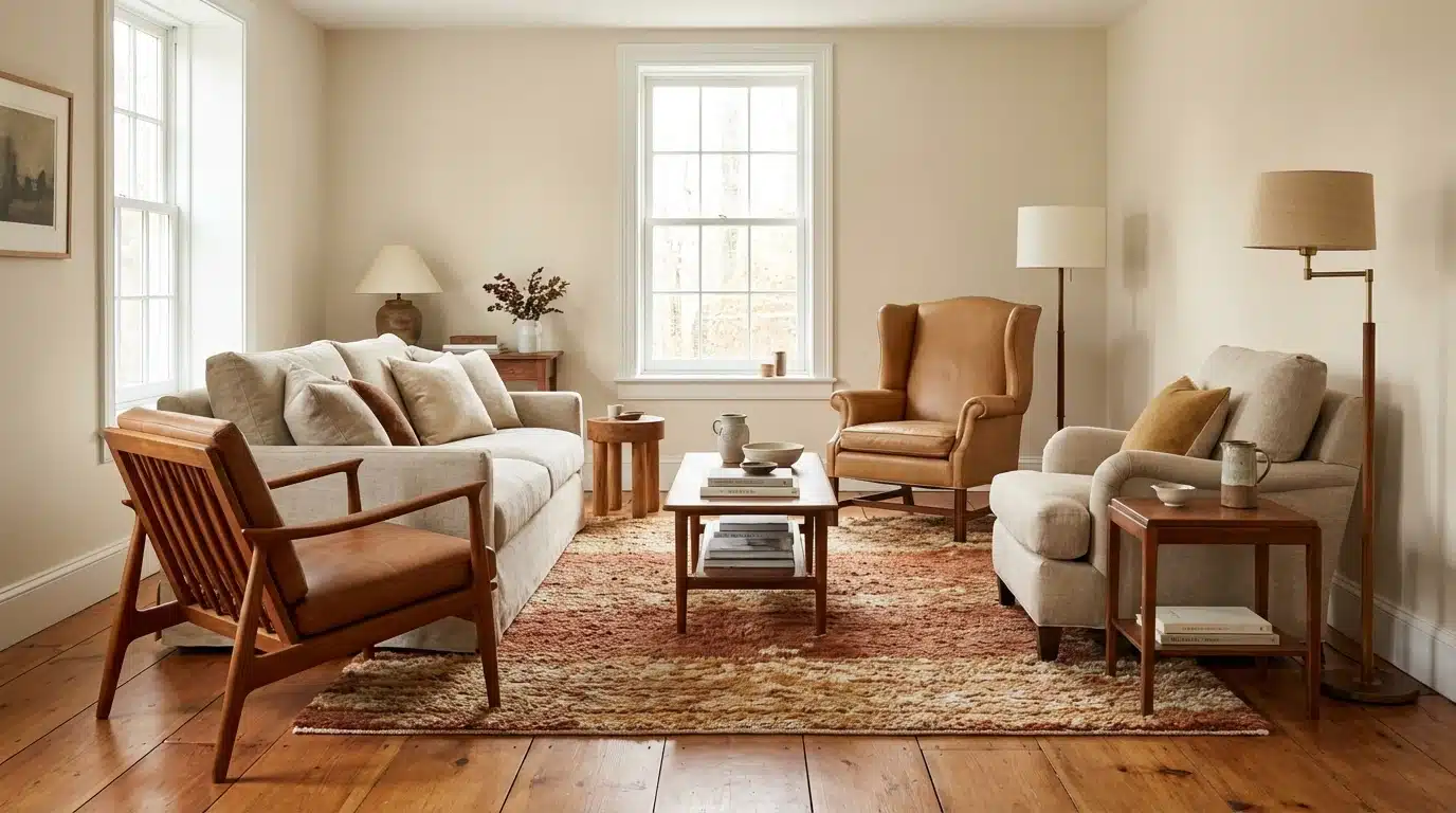 living room with neutral walls, sofa, armchairs, wooden furniture, patterned rug, soft lighting, and warm tones