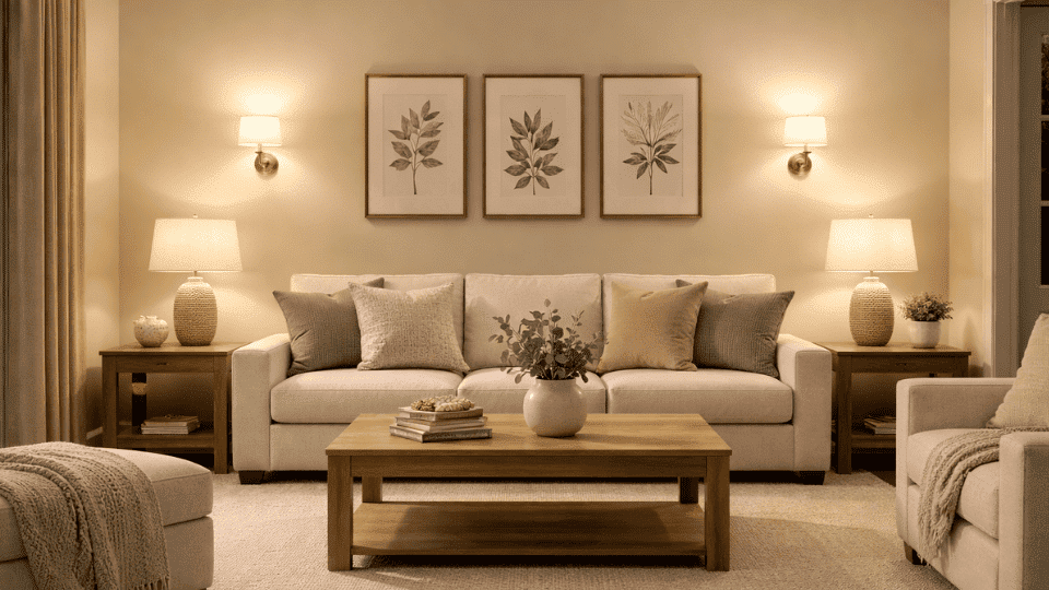 living room with November Rain walls under warm artificial lighting, neutral sofa, wood table, and soft lamps creating a cozy evening atmosphere