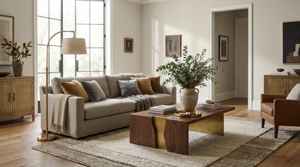 living room with pale oak walls warm wood tones and soft decor creating a calm and refined space