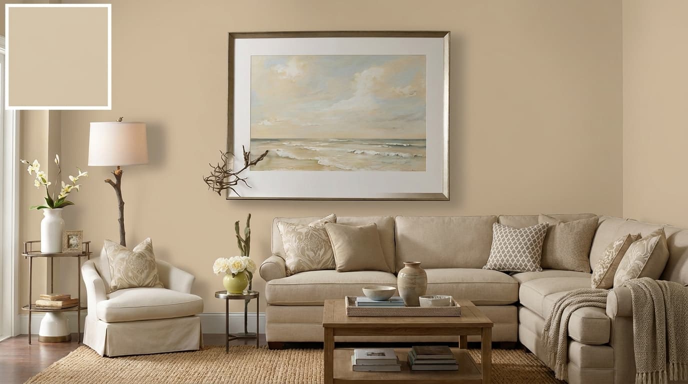 living room with sand beach walls light wood and soft textures creating a calm and airy space