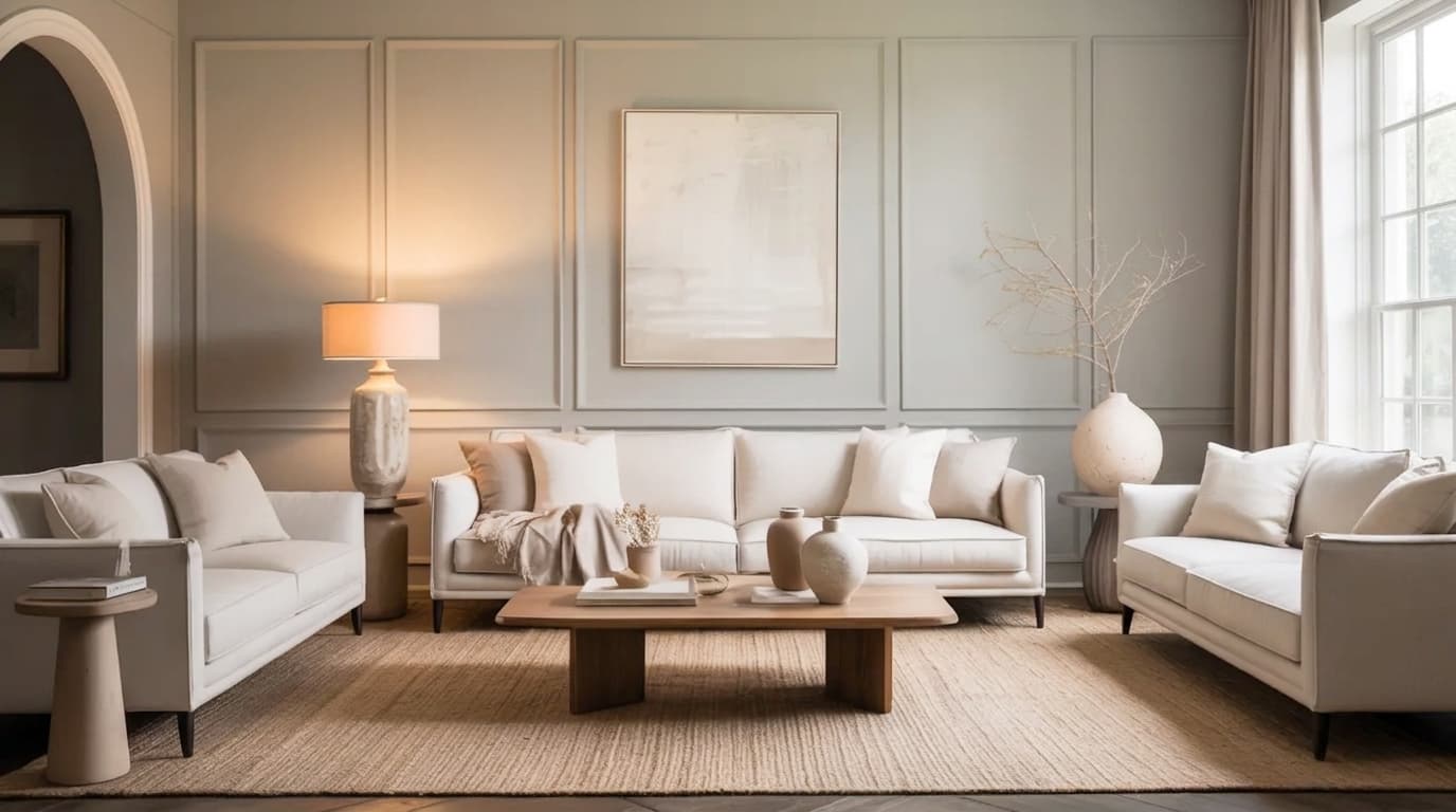 living room with soft gray walls and neutral decor creating a calm and refined space