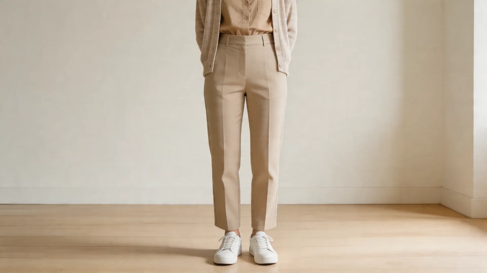 Lower view of woman in sneakers, trousers, shirt, and cardigan in neutral tones