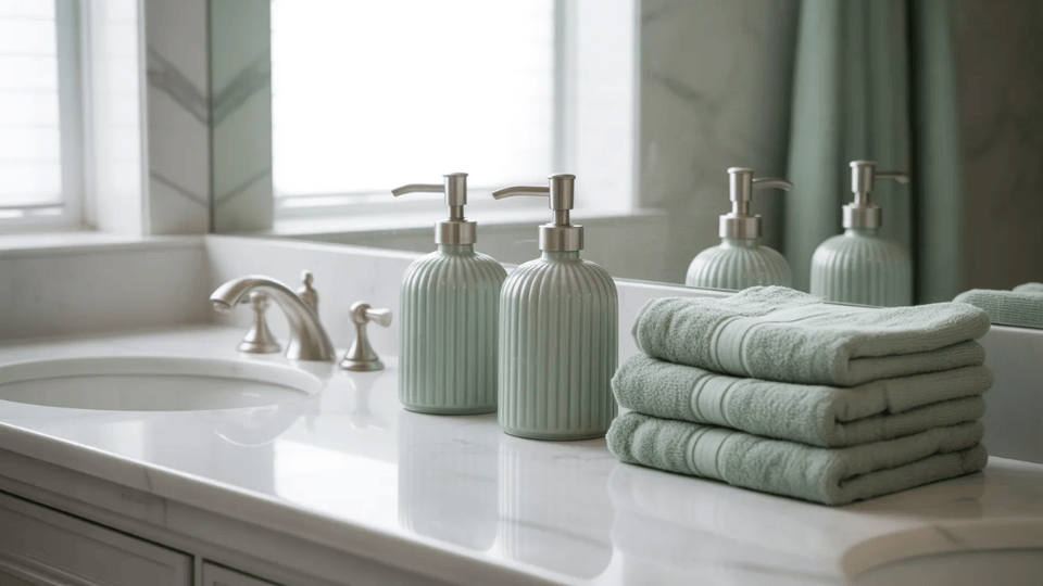 matching bathroom accessories creating clean and organized look