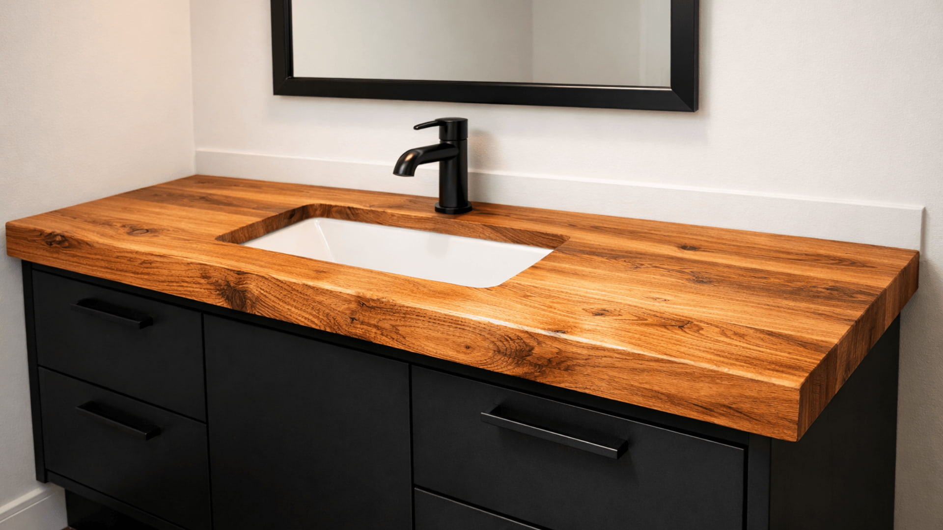 matte black bathroom vanity with thick butcher block countertop, white sink, and black framed mirror