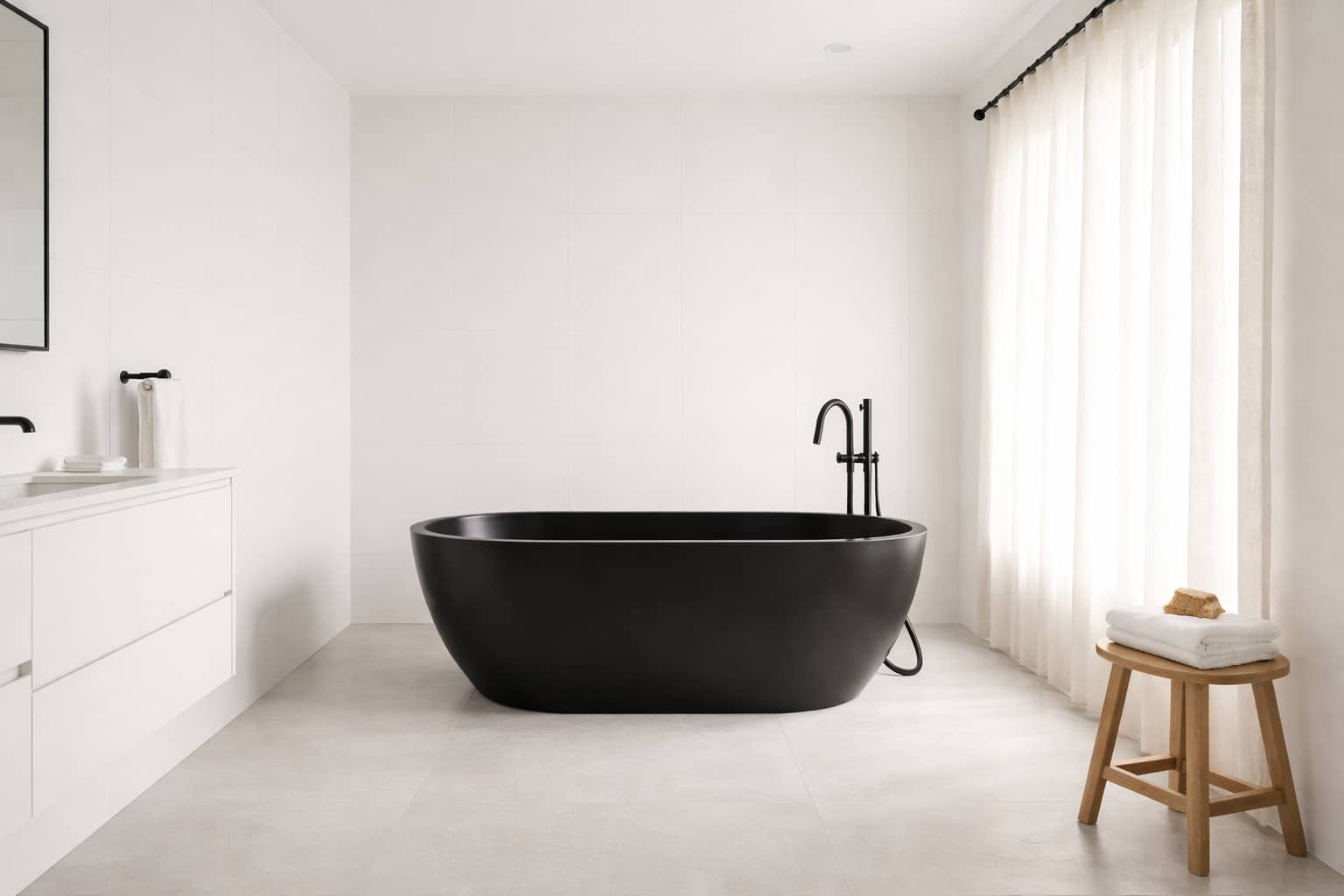 matte black freestanding bathtub as focal point in a spacious all-white bathroom with large format tiles