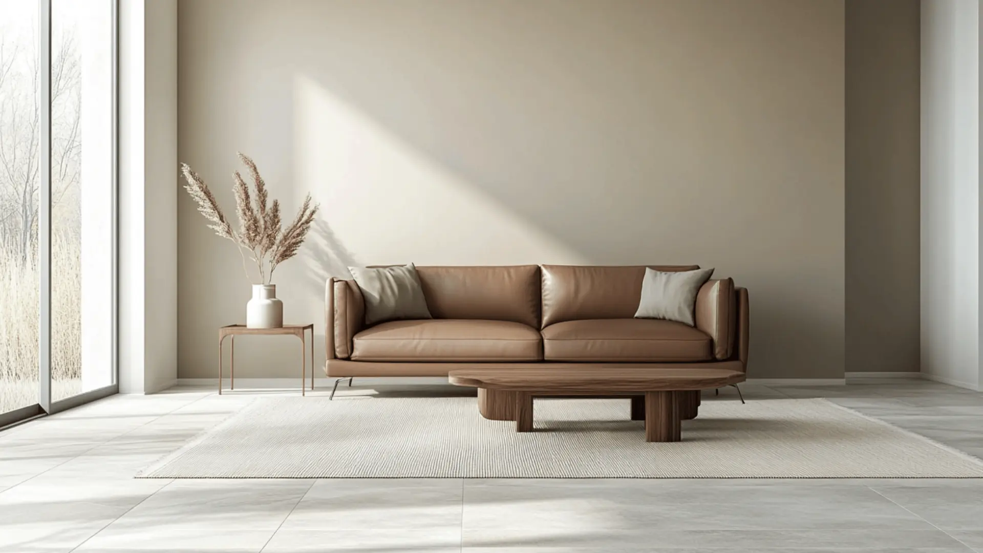 minimalist living room with alpaca color on walls, brown leather sofa, wooden coffee table, and tall windows