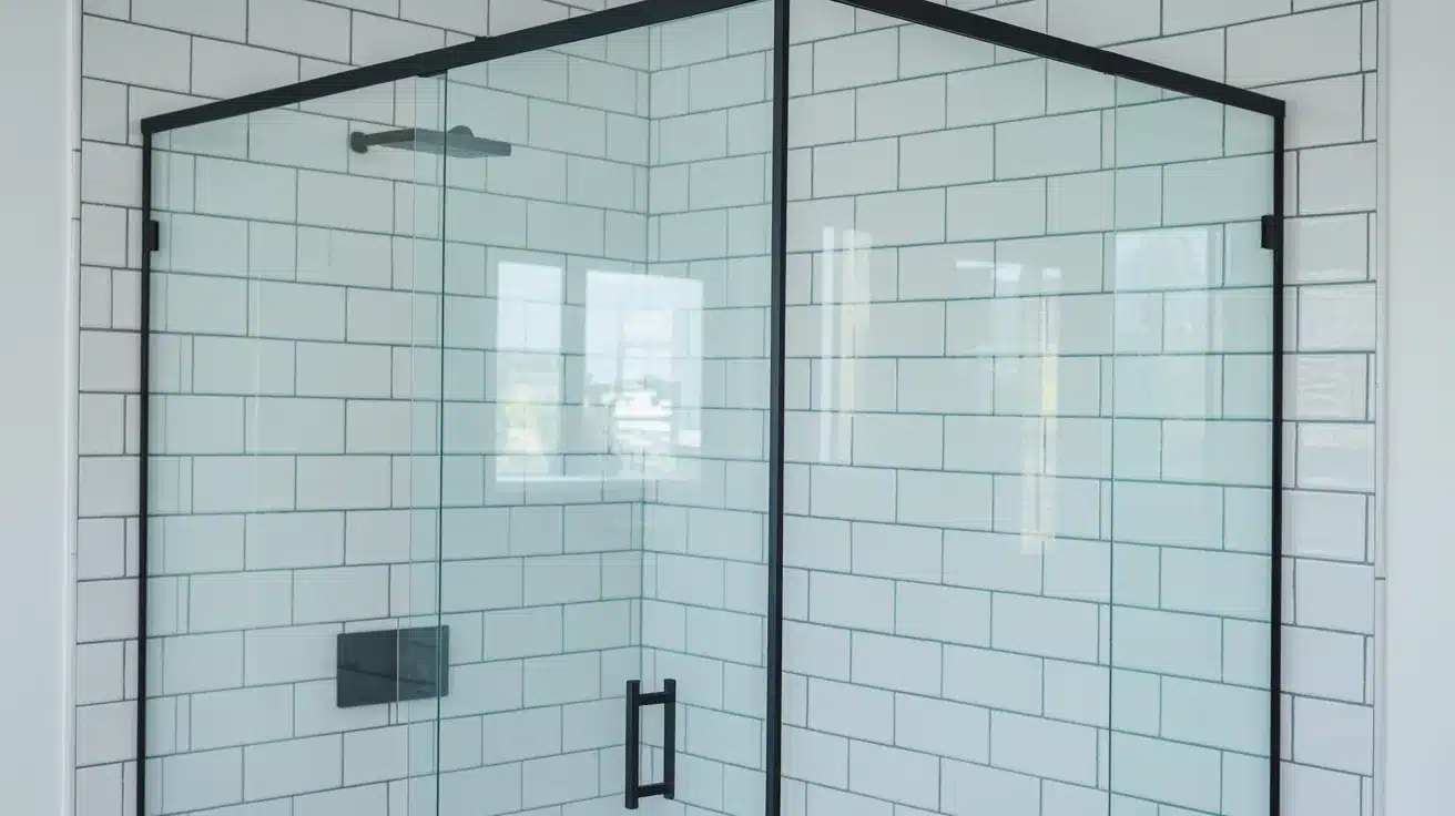 modern bathroom featuring a sleek frameless glass shower enclosure with thin black metal framing that creates clean geometric lines