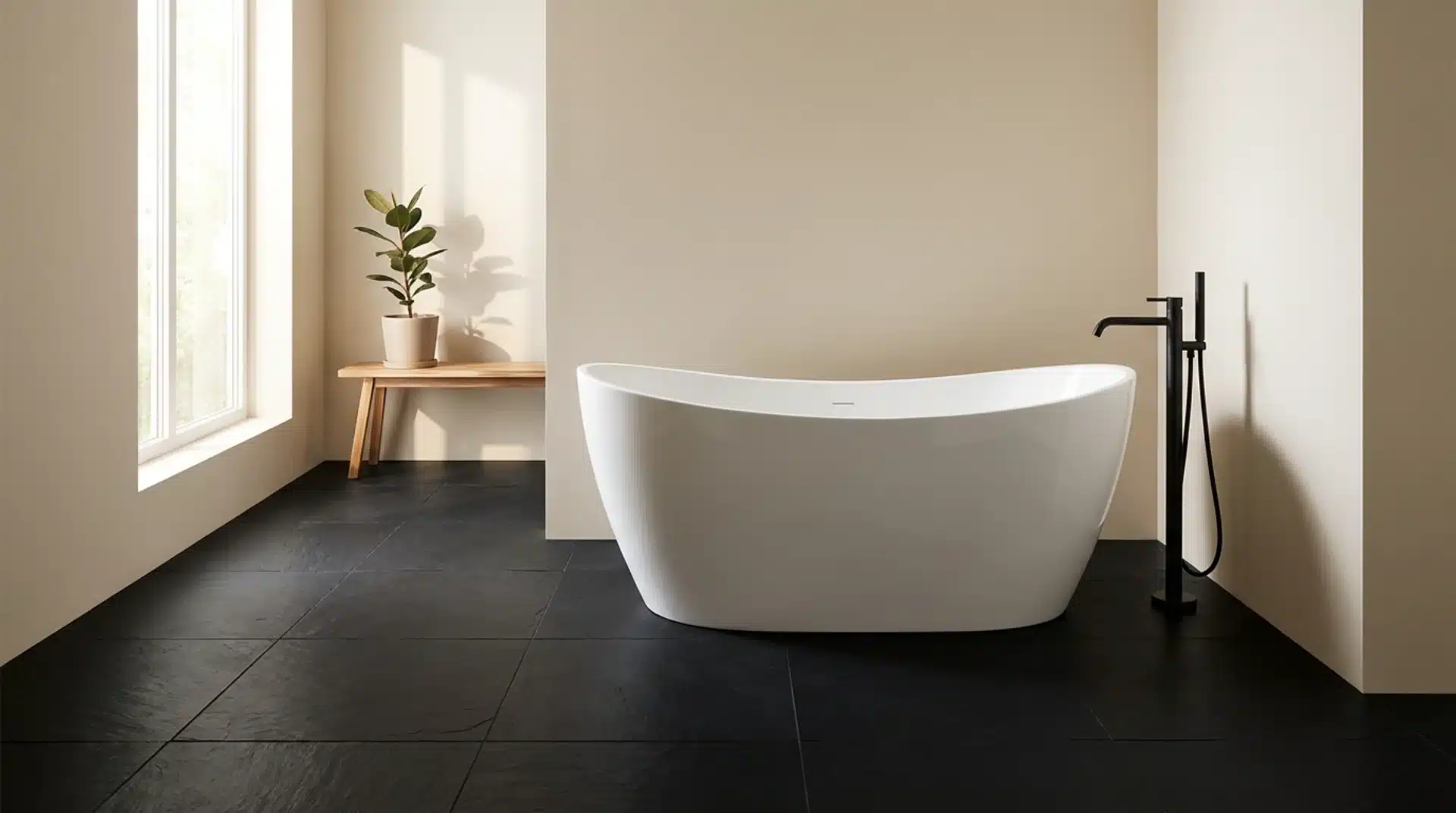 modern bathroom featuring a white freestanding bathtub placed on deep matte black floor tiles, creating a bold contrast