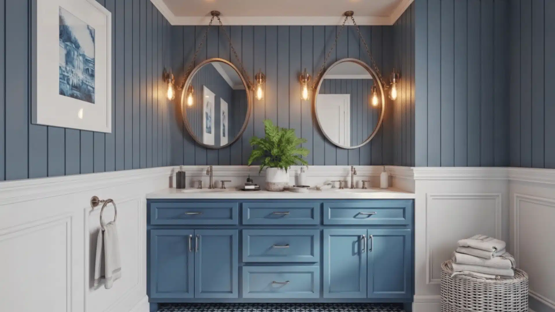 modern bathroom interior with a striking blue and white color scheme the walls feature vertical navy blue paneling (1)