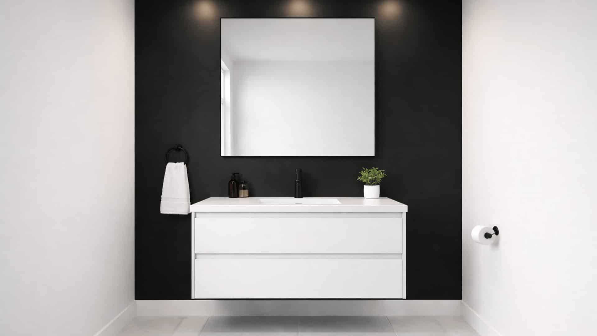 modern bathroom with black accent wall, white floating vanity, black mirror, and warm recessed lighting (1)