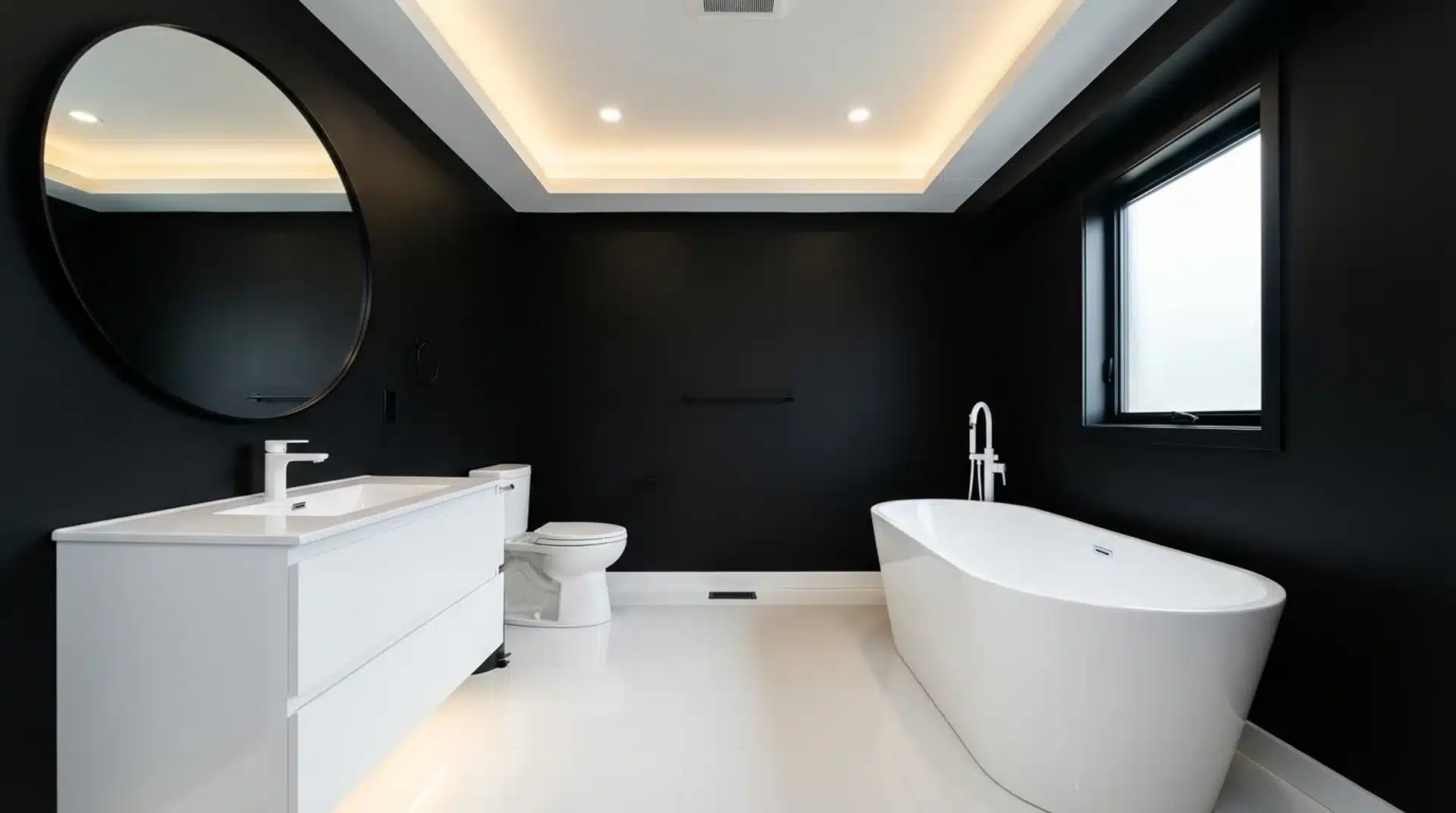 modern bathroom with fully black painted walls on all sides, creating a bold and dramatic atmosphere
