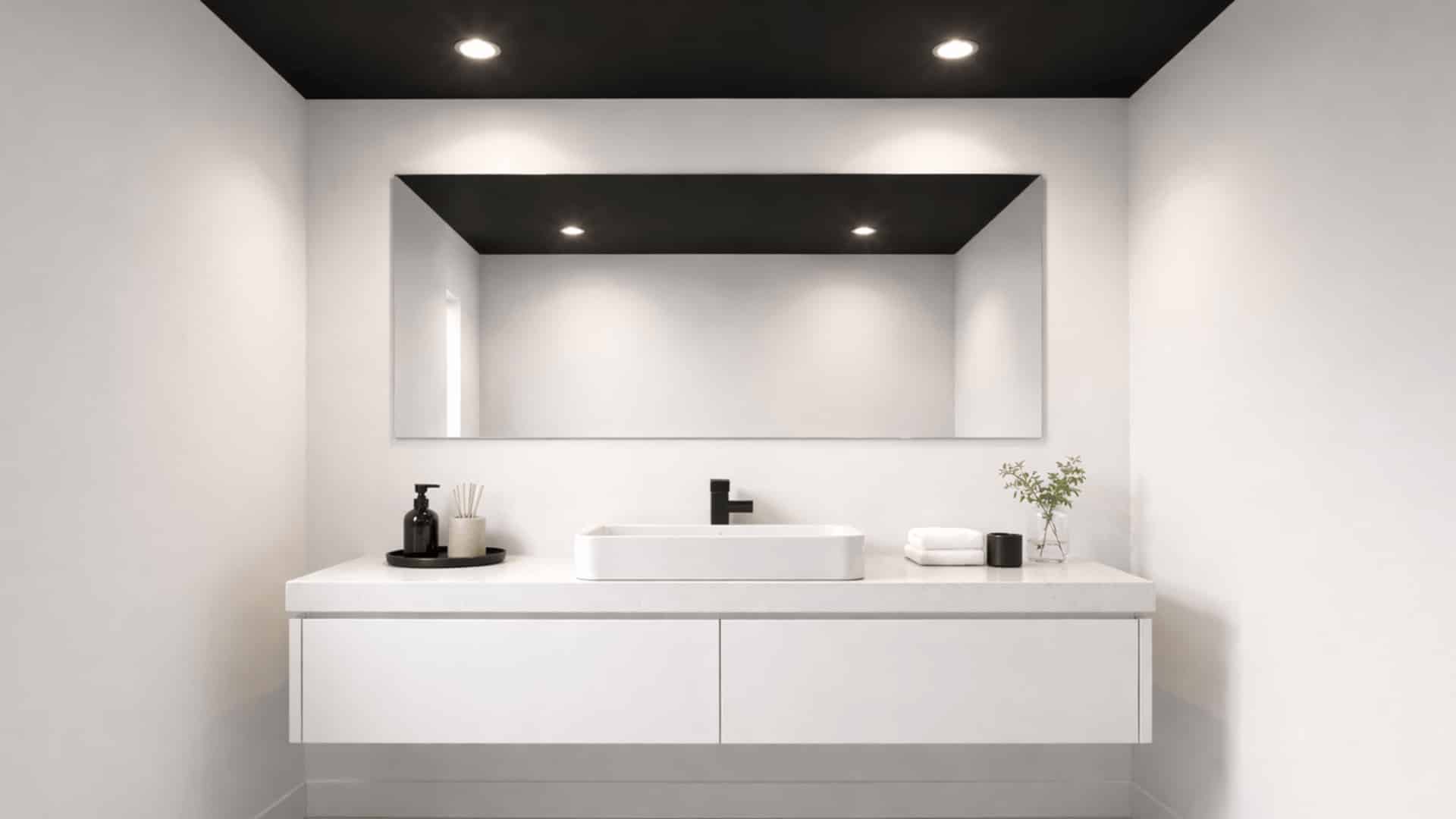 modern bathroom with matte black ceiling, white floating vanity, vessel sink, and black fixtures (1)