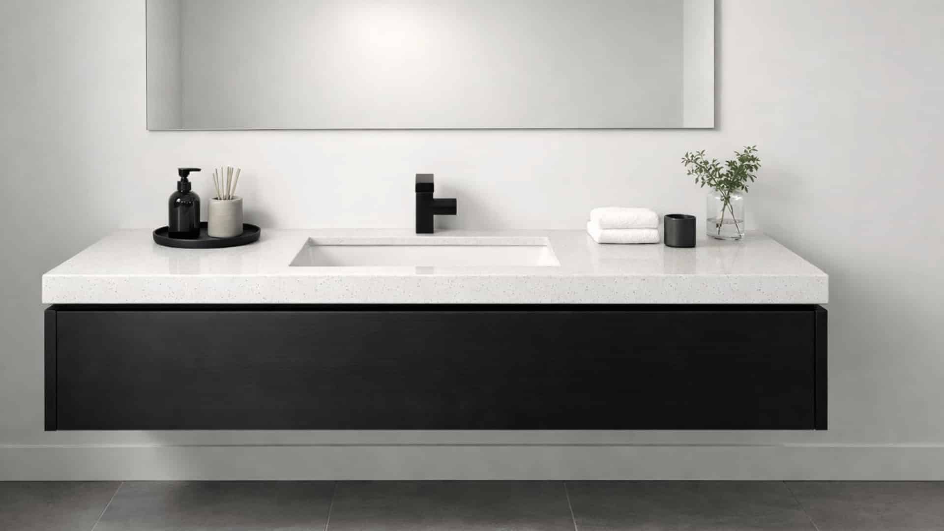 modern bathroom with wall-mounted black floating vanity, white quartz top, undermount sink, and gray tile floor