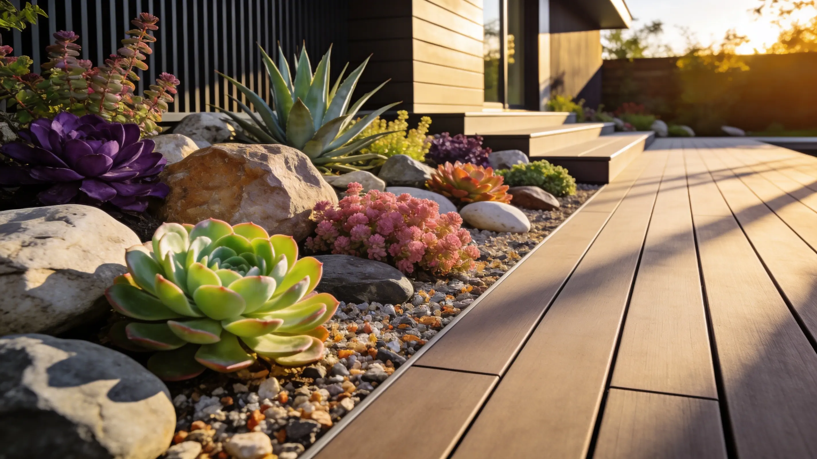 modern composite wood deck bordered by a meticulously arranged rock garden
