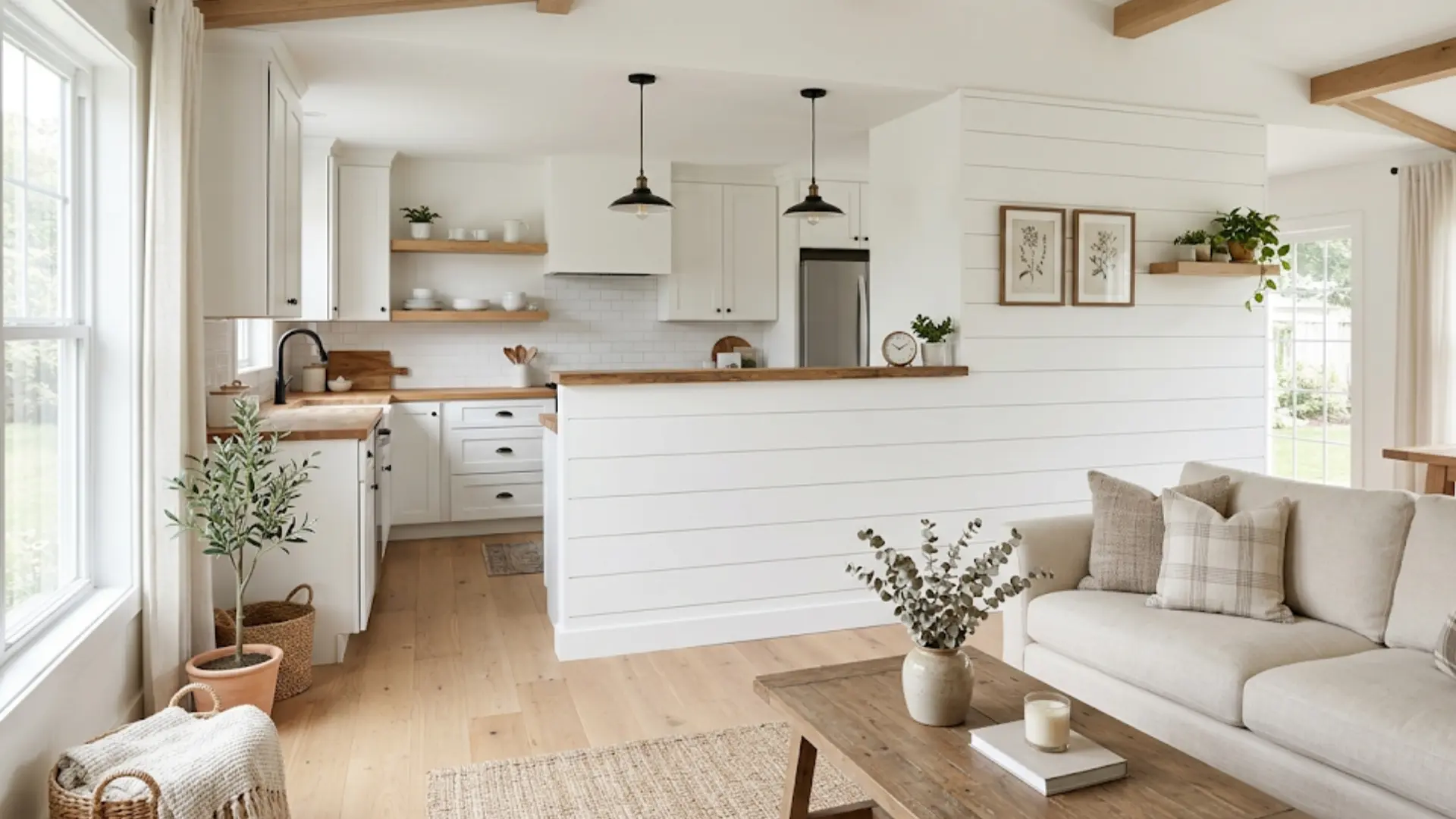 modern farmhouse interior with white shiplap half wall, natural wood accents, open kitchen, and cozy neutral living room furniture