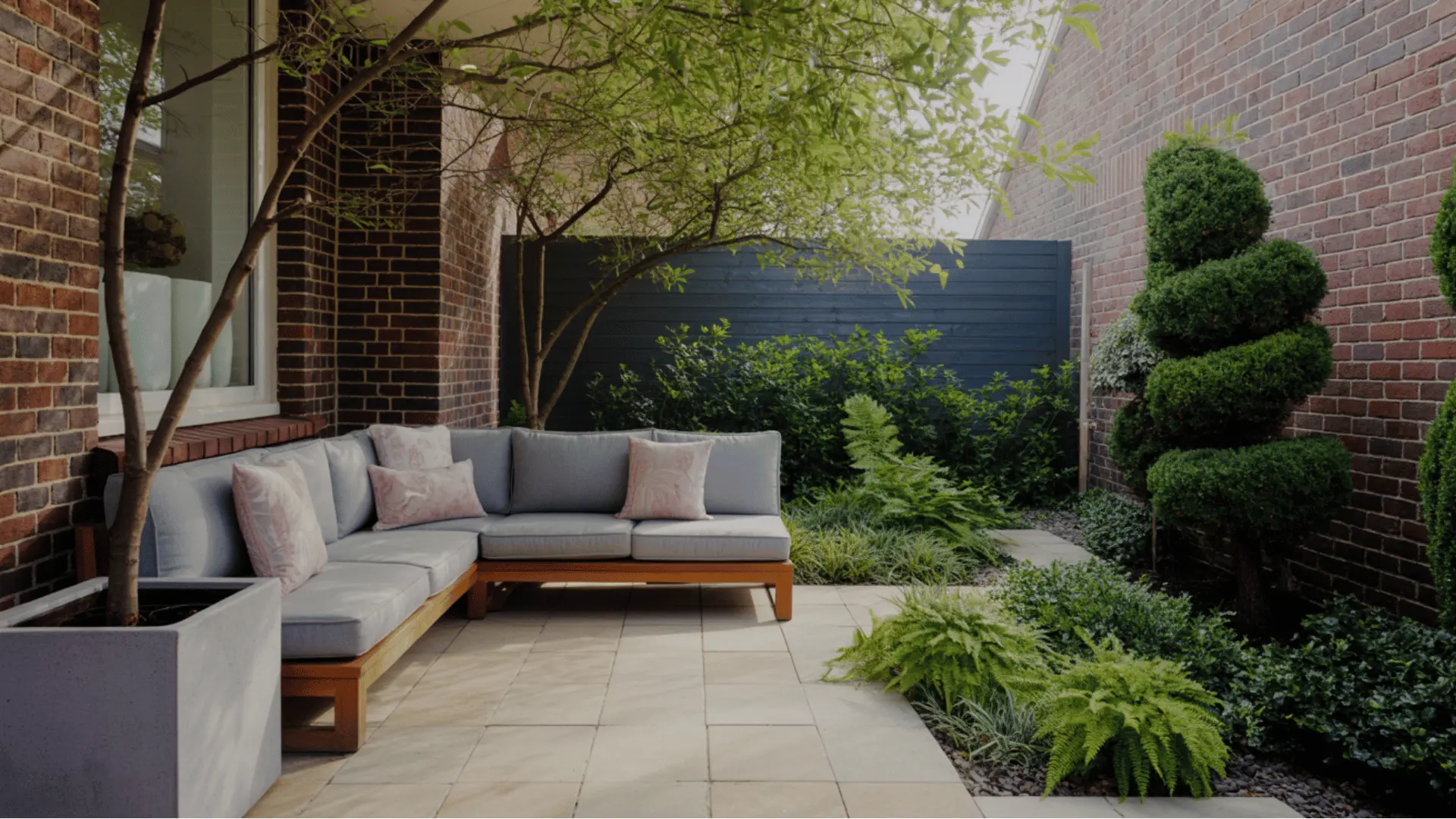 modern garden patio space with a beige stone floor and red brick house walls the space features a contemporary L-shaped grey outdoo