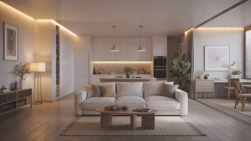modern home with different light temperatures in each room to showcase mood effects