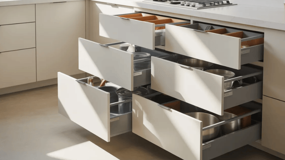 modern kitchen base cabinets with countertop and drawers storing pots and pans in a clean organized layout
