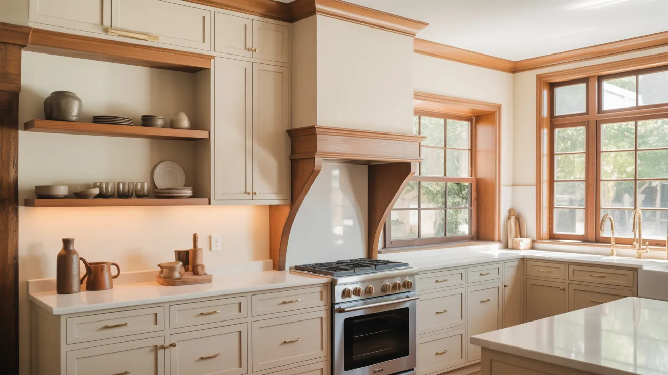 modern kitchen featuring Accessible Beige painted cabinets with warm wood accents throughout the space