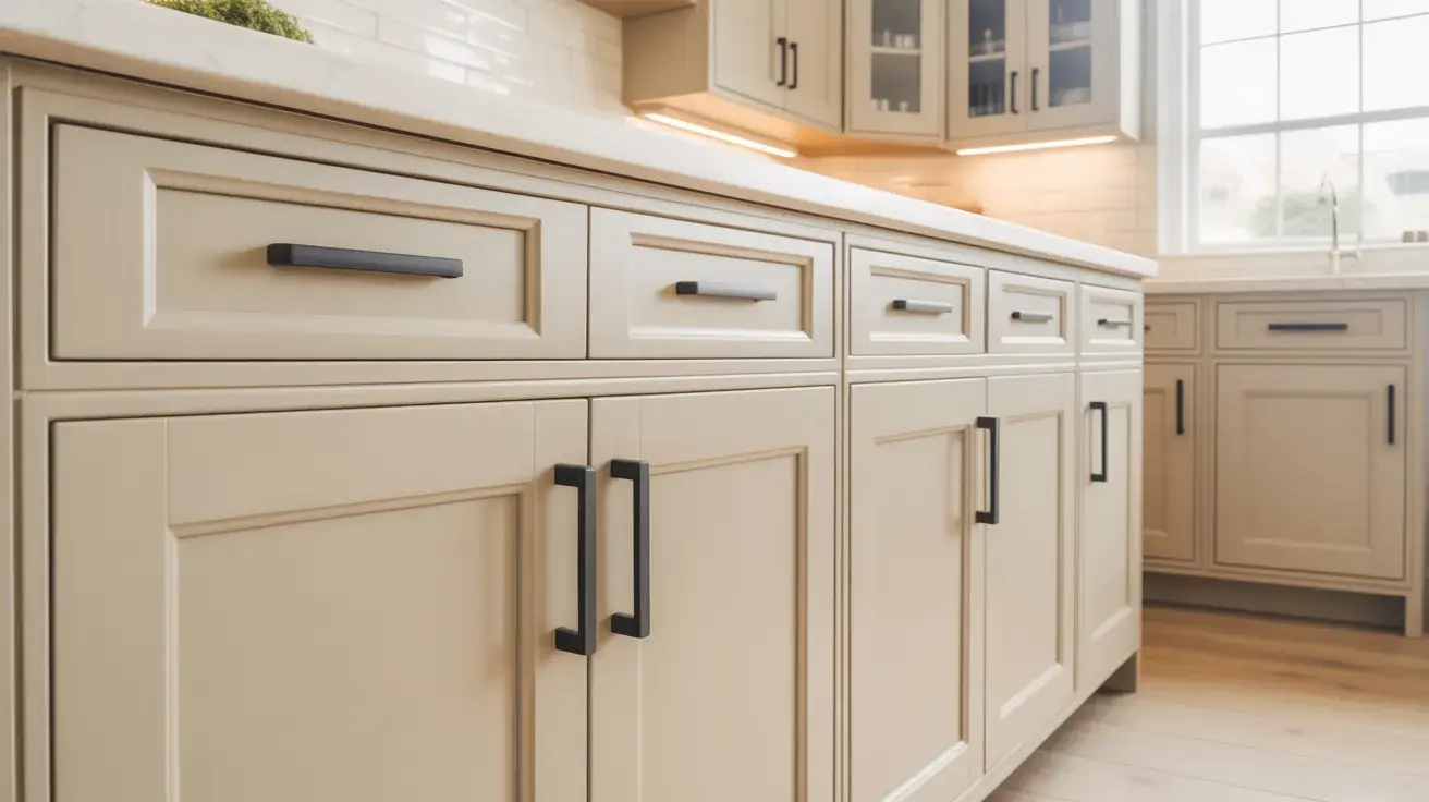 modern kitchen featuring warm Accessible Beige painted cabinets with sleek matte black hardware (1)