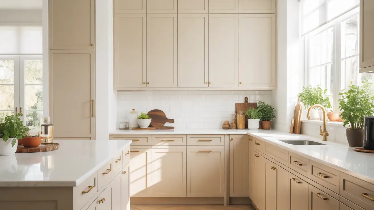 modern kitchen interior featuring warm Accessible Beige cabinets paired with pristine white quartz countertops that create a clean, balanced aesthetic