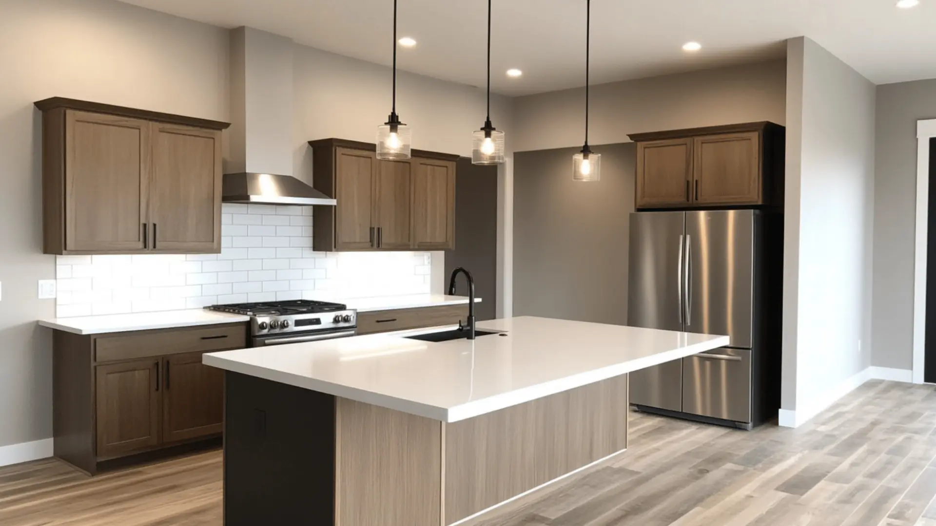 modern kitchen with alpaca-painted walls, dark wood cabinets, white island countertop, and pendant lighting