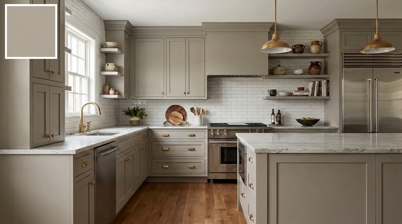 modern kitchen with intellectual gray cabinets and light countertops balanced with wood accents