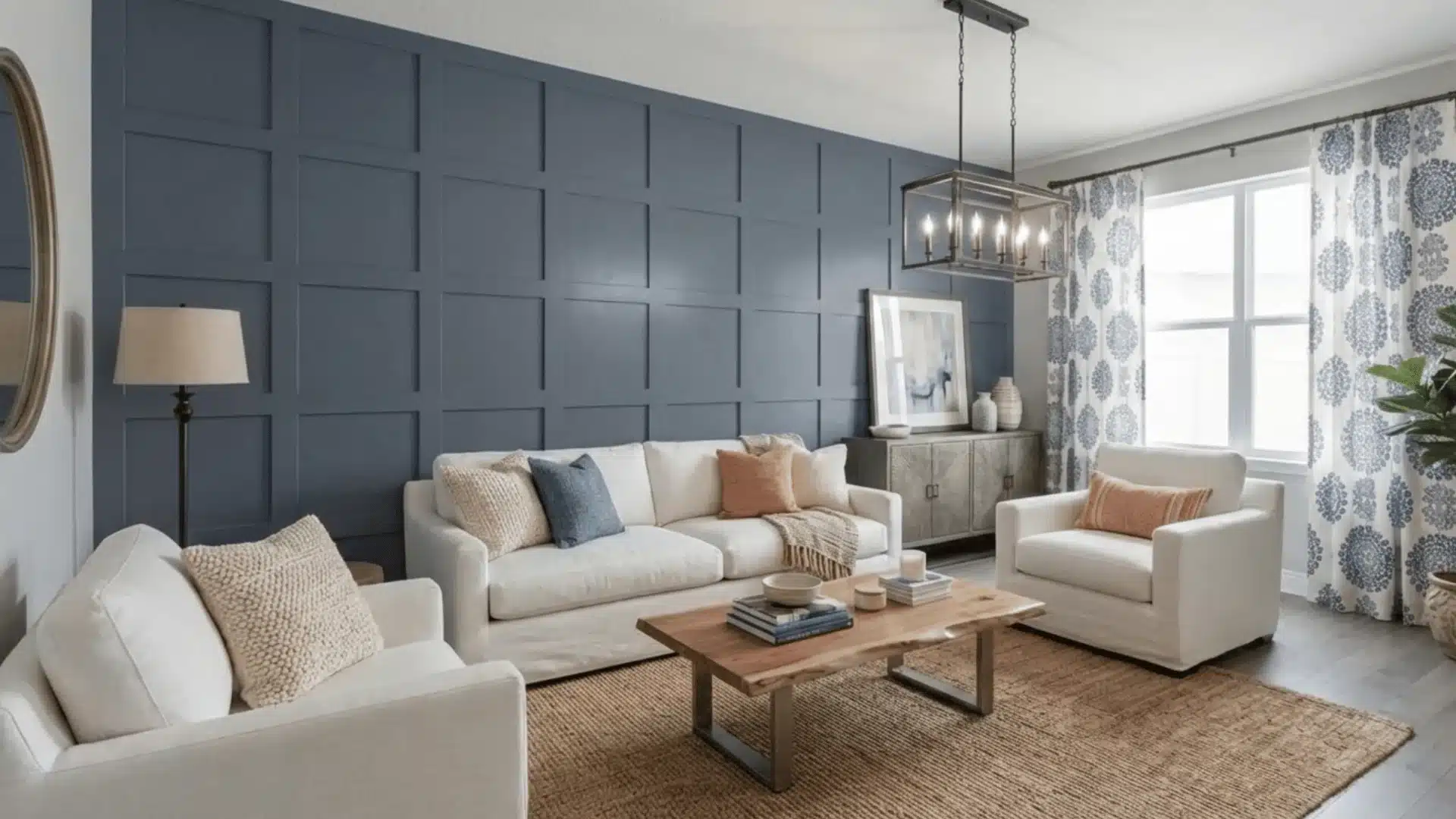 modern living room with the pant color granite peak in blue grey with white sofa and a table (2)