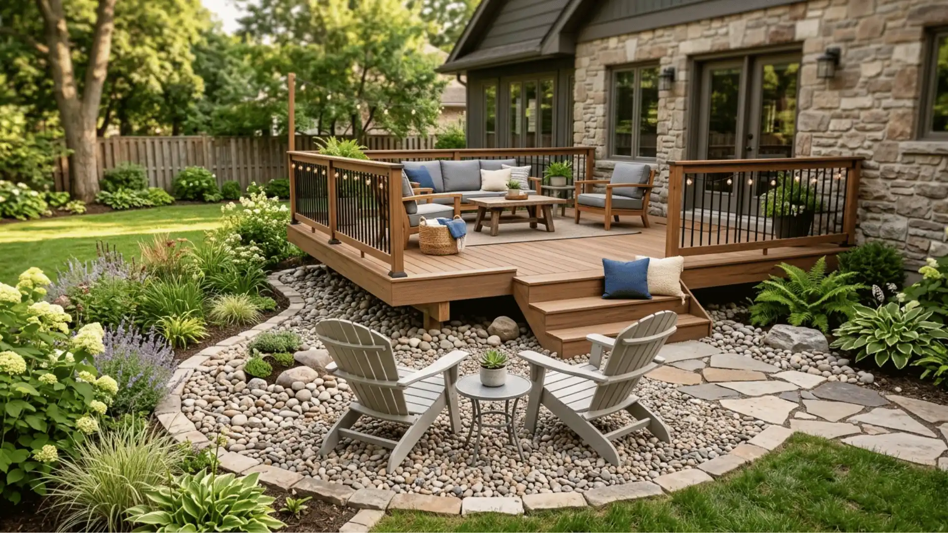 modern outdoor deck and garden space with a stone and gray wooden house exterior visible on the right side.