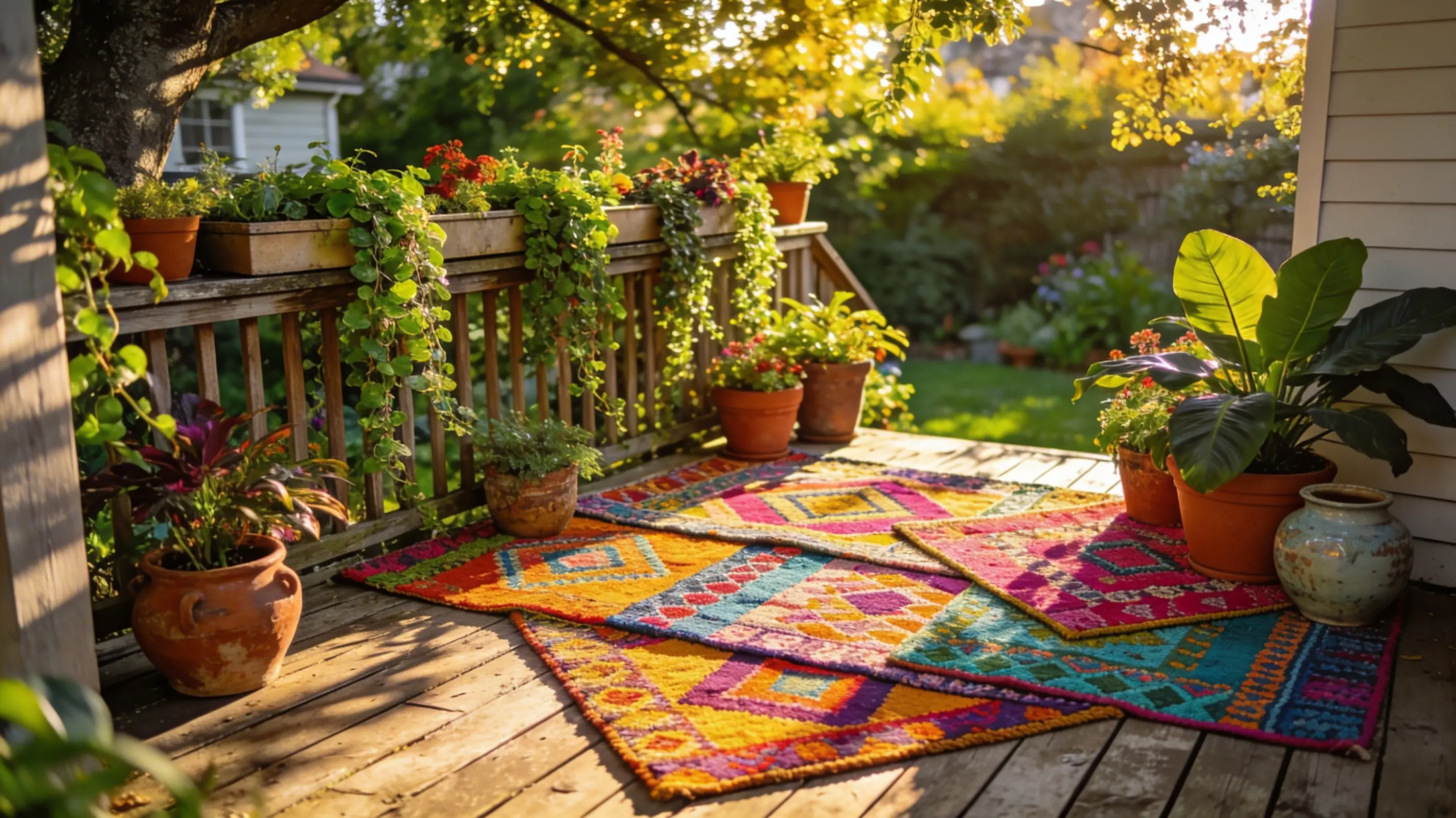 multiple layered, brightly colored bohemian and geometric patterned outdoor rugs, surrounded by a diverse collection of vibrant potted plants in rustic terracotta