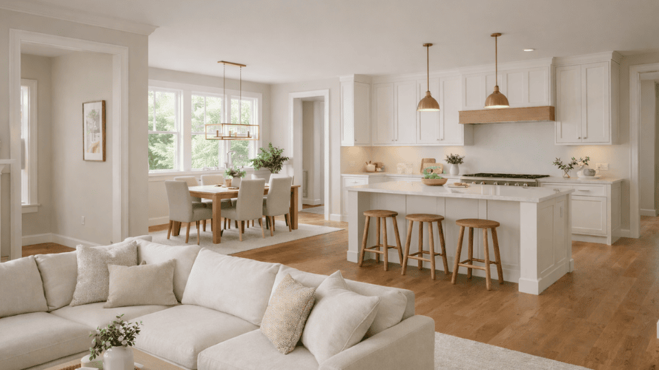 open floor plan living room, dining area, and kitchen with November Rain walls, neutral furniture, wood floors, and large windows with daylight