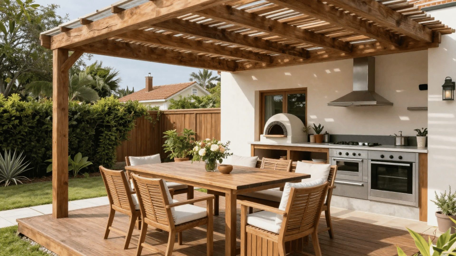 outdoor dining and cooking area is set up on a wooden deck under a wooden pergola