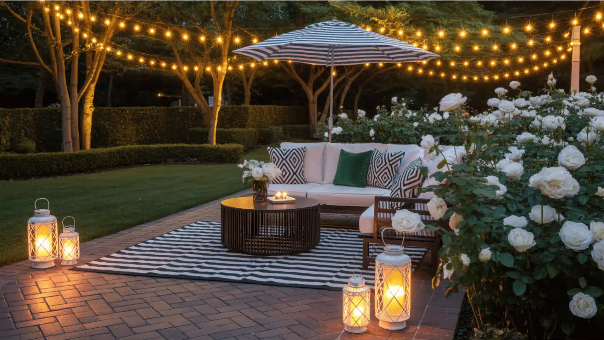 outdoor patio and garden scene with a black and white geometric area rug featuring a bold striped pattern (1)