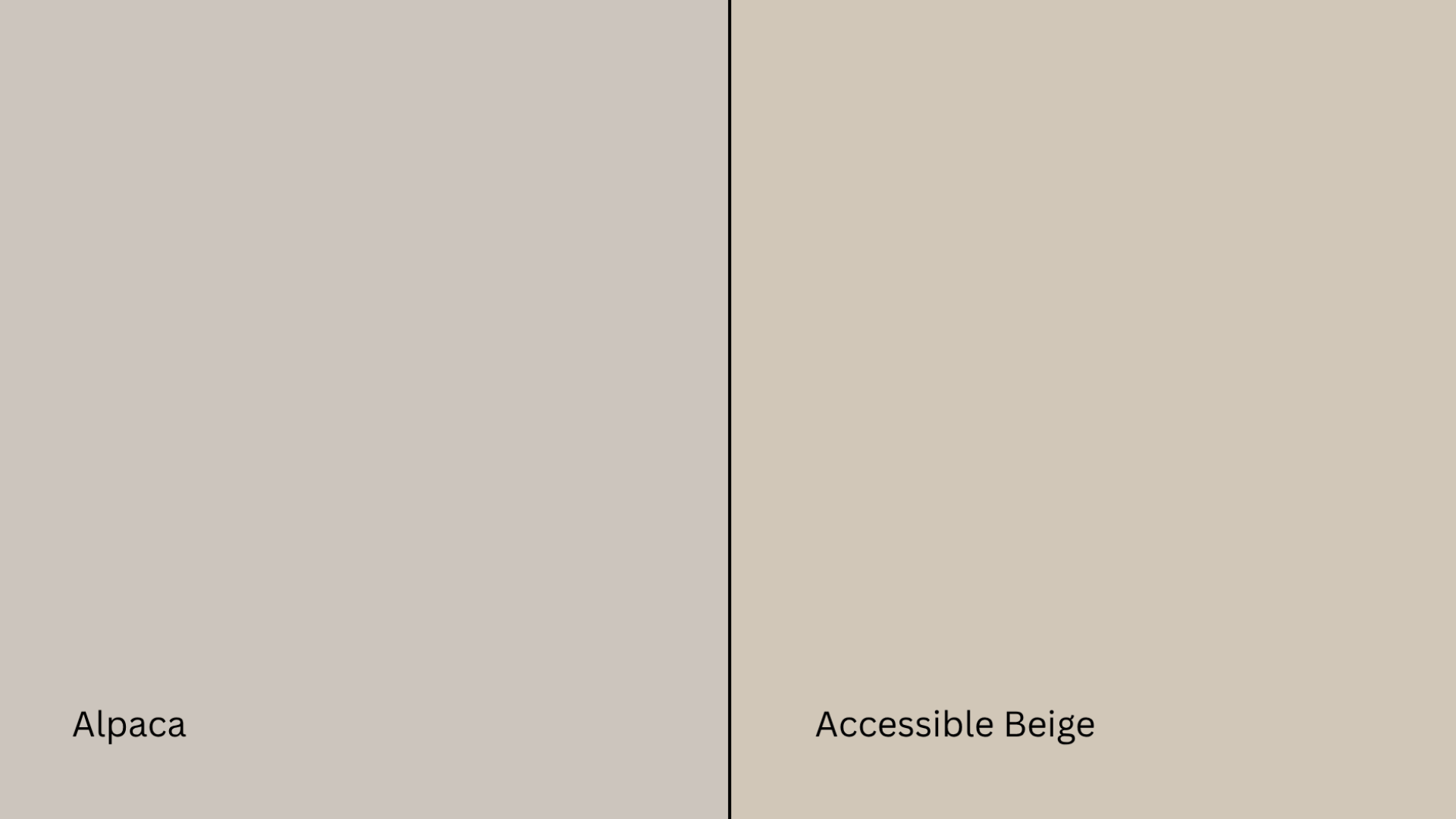 paint swatch comparison of alpaca and accessible beige; accessible beige appears warmer and more earthy in tone