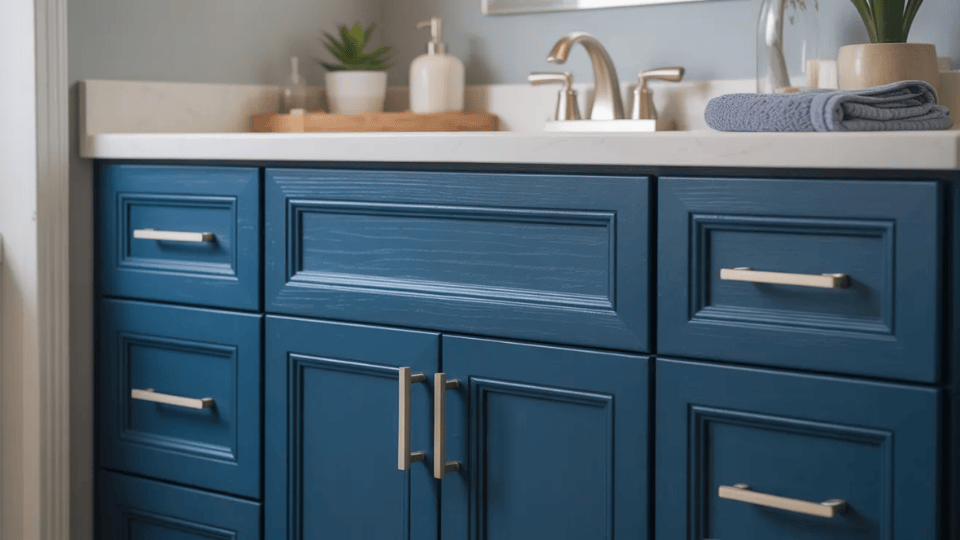 painted bathroom vanity with modern handles and fresh updated look