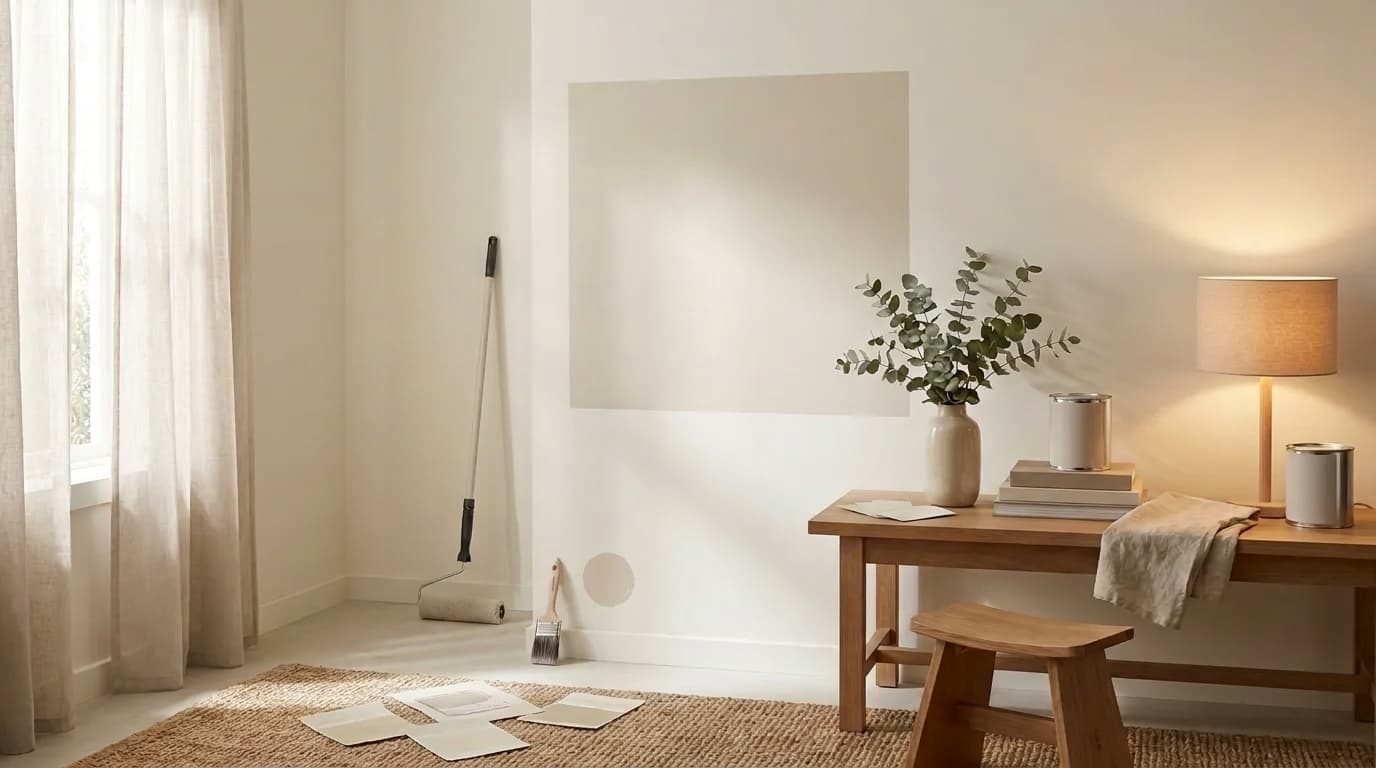 pale oak wall swatch in a styled room with wood table decor and soft lighting showing color shift