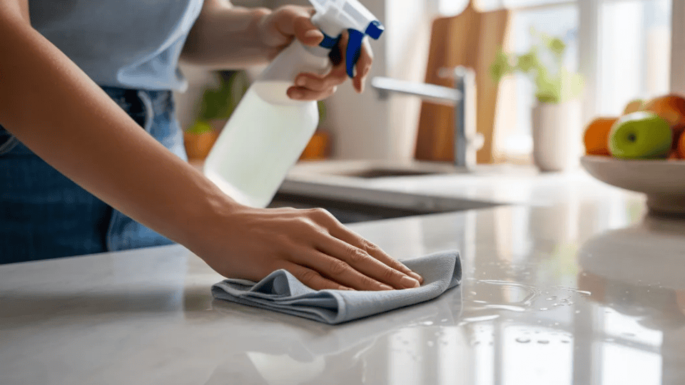 person disinfecting quartz countertop with spray and soft cloth in a clean kitchen