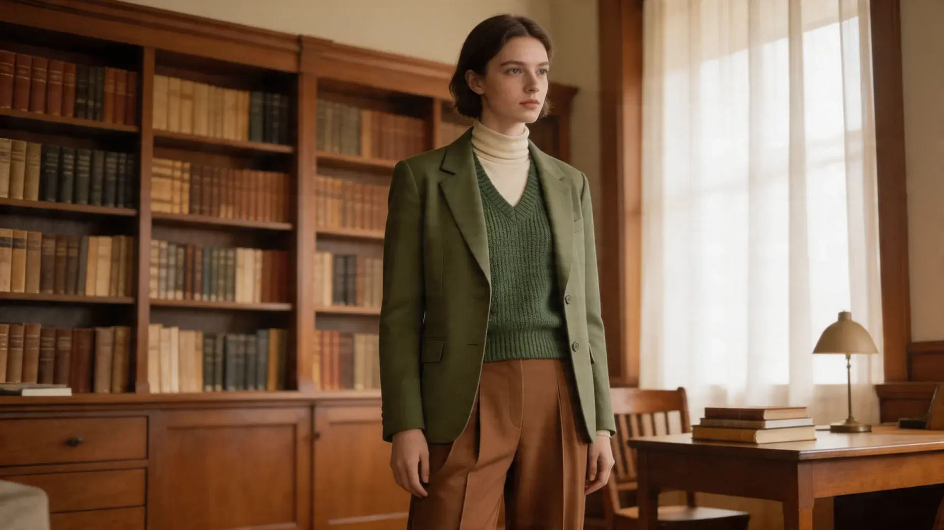 Person wearing blazer, knitted vest, turtleneck, and pleated trousers in a room with wooden shelves and books