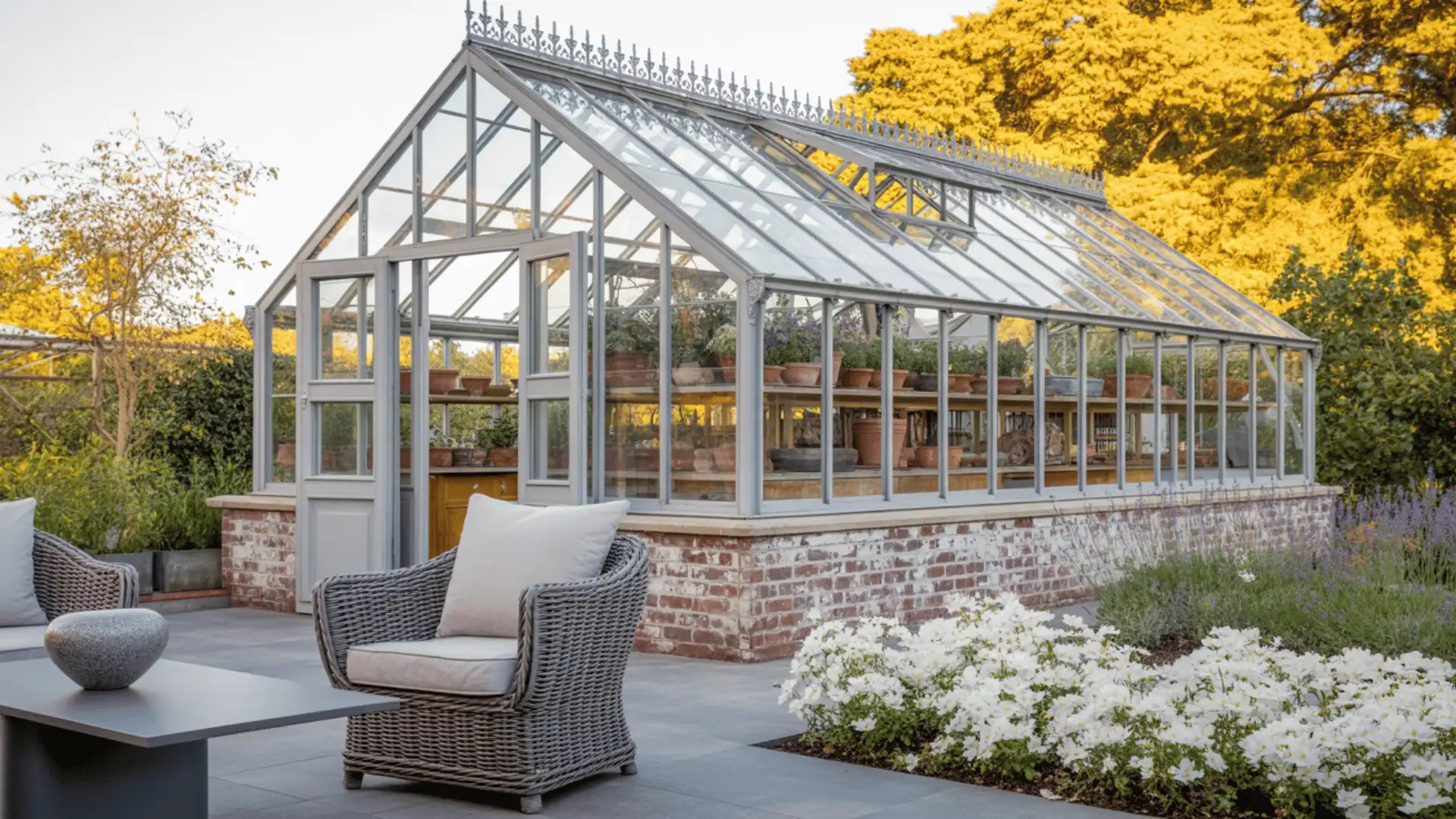 photograph of an elegant Victorian-style greenhouse with a peaked glass roof and metal framework in silver-gray color