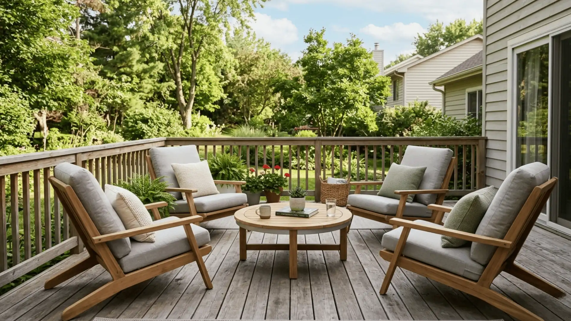 picture of backyard outdoor deck with 4 chair and one table with it in a green space