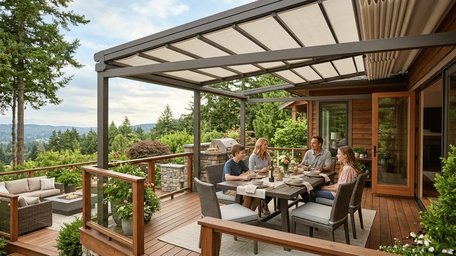 picture showing a family with parents and 2 child enjoying food at the outdoor deck