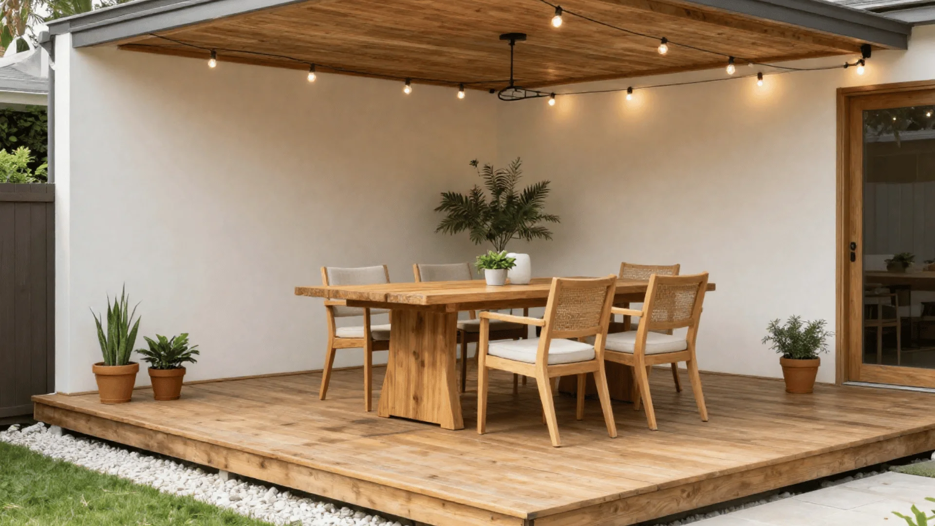 Raised wooden deck platform with large oak dining table, cushioned chairs, overhead string lights, potted plants